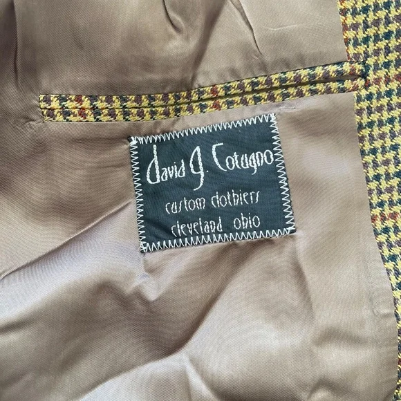 David G. Cotugno Mens 2 Button Silk Wool Blazer Jacket Beige Yellow Houndstooth - Picture 14 of 14